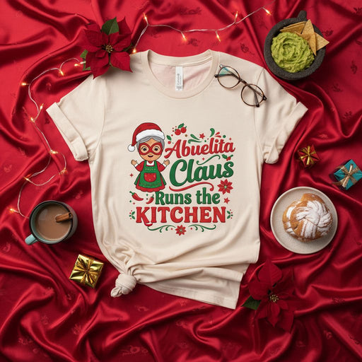 Abuelita Claus Runs the Kitchen T-Shirt, Funny Christmas Nana Grandma Tee, Holiday Cooking Family Shirt, Mexican Latinx Abuela Gift, Festive Granny Chef Top. Mexicada