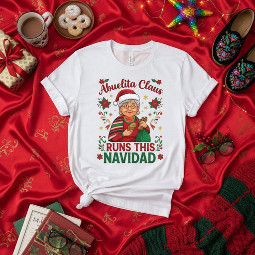 Abuelita Claus Runs This Navidad Shirt, Funny Mexican Grandma Christmas Tee, Hispanic Family Holiday Gift, Cute Abuela T-Shirt with Pan Dulce & Poinsettias Mexicada