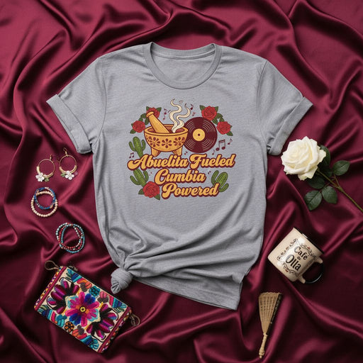 Abuelita Fueled Cumbia Powered T-Shirt, Latinx Grandparent Love Tee with Molcajete Record Player & Roses, Spanglish Food Music Heritage Shirt Gift Mexicada