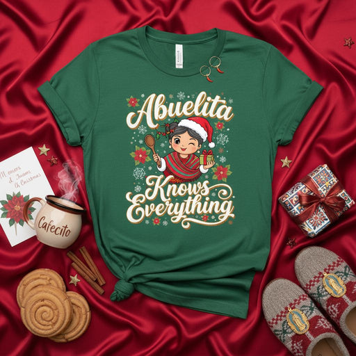 Abuelita Knows Everything Christmas T-Shirt, Funny Grandma Holiday Shirt, Cute Spanish Gift for Abuela, Festive Family Nana Tee with Santa Hat and Flowers Mexicada
