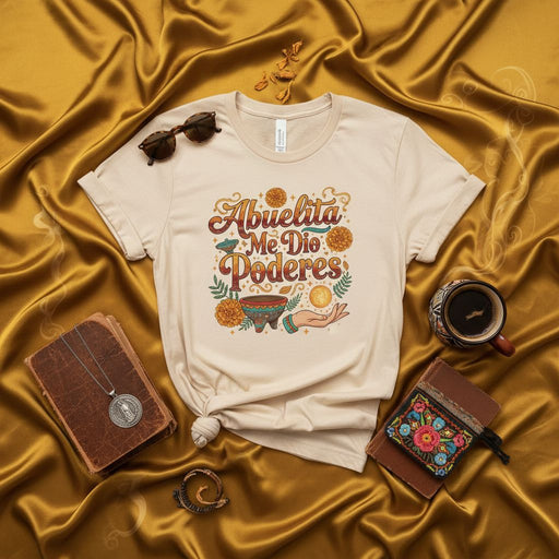Abuelita Me Dio Poderes T-Shirt, Grandmother Gave Me Powers Tee, Spanish Quote Shirt, Dia de Muertos Marigold Flowers, Mystical Hand Gift for Grandma and Family Mexicada