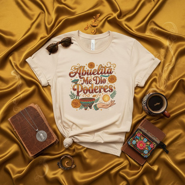 Abuelita Me Dio Poderes T-Shirt, Grandmother Gave Me Powers Tee, Spanish Quote Shirt, Dia de Muertos Marigold Flowers, Mystical Hand Gift for Grandma and Family Mexicada