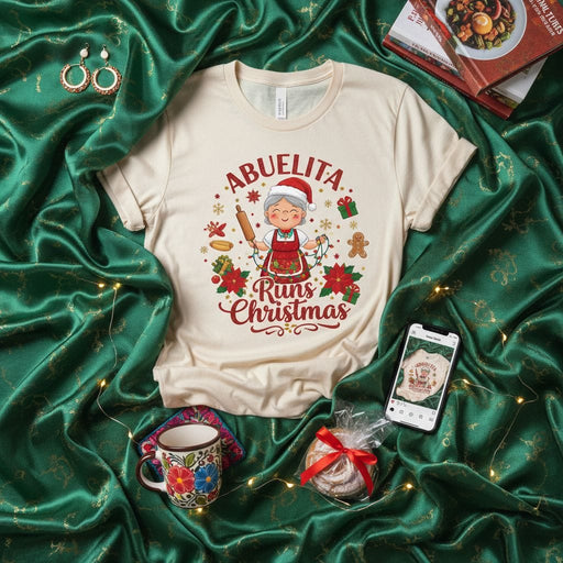 Abuelita Runs Christmas Shirt, Funny Spanish Grandma Christmas Tee, Cute Mexican Abuela Baking Poinsettia Gift for Hispanic Grandmother, Holiday Family T-Shirt Mexicada