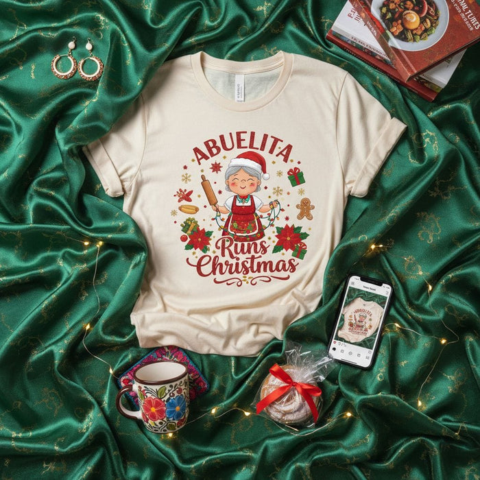 Abuelita Runs Christmas Shirt, Funny Spanish Grandma Christmas Tee, Cute Mexican Abuela Baking Poinsettia Gift for Hispanic Grandmother, Holiday Family T-Shirt Mexicada
