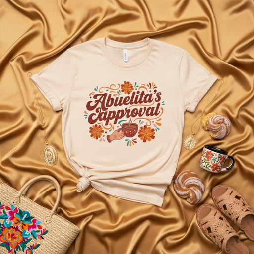 Abuelita's Approval T-Shirt, Cute Grandparent Gift, Spanish Grandma Tee, Latte Mug Flowers Graphic, Women's Unisex Hispanic Heritage Shirt Mexicada