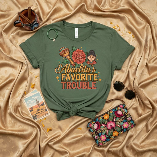 Abuelita's Favorite Trouble T-Shirt with Maraca, Rose, and Latina Graphic | Funny Hispanic Granddaughter or Grandson Gift for Grandma, Abuela, or Mother's Day Mexicada