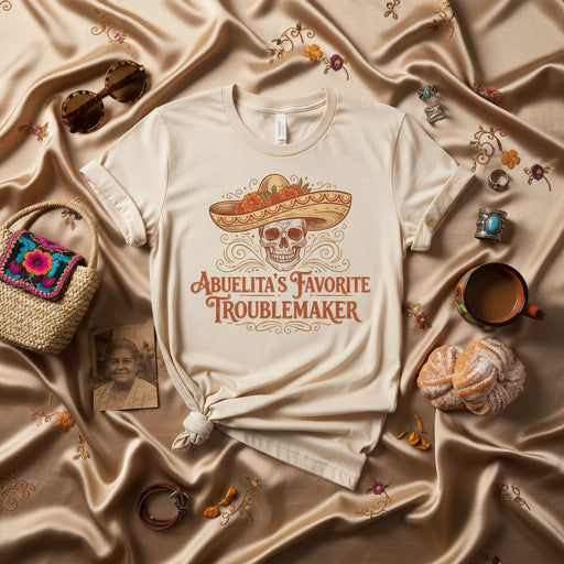 Abuelita's Favorite Troublemaker Sugar Skull Sombrero T-Shirt, Funny Dia De Muertos Gift for Grandchild, Grandson, or Granddaughter, Hispanic Heritage Shirt Mexicada