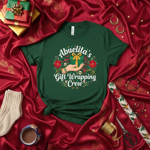 Abuelita's Gift Wrapping Crew Christmas T-Shirt, Funny Holiday Abuela Poinsettia Skull Gift Wrapper Tee, Spanish Grandma Xmas Present Helper Shirt Mexicada