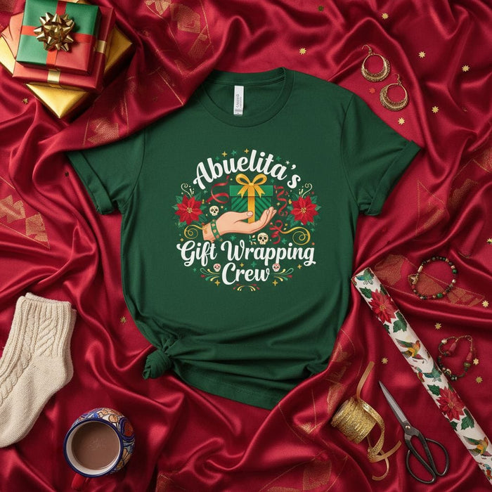 Abuelita's Gift Wrapping Crew Christmas T-Shirt, Funny Holiday Abuela Poinsettia Skull Gift Wrapper Tee, Spanish Grandma Xmas Present Helper Shirt Mexicada