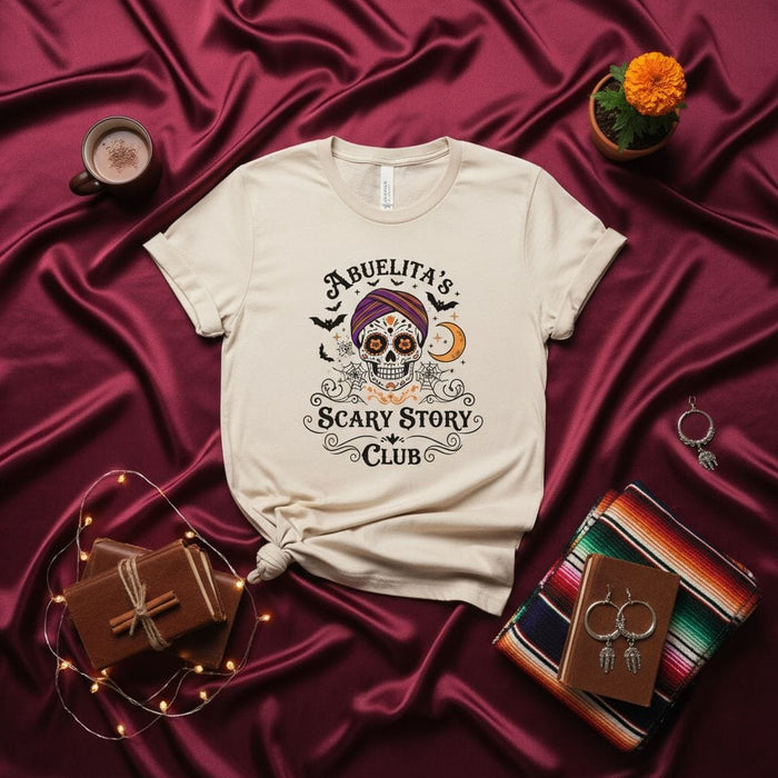 Abuelita's Scary Story Club Sugar Skull T-Shirt, Día de Muertos Halloween Spooky Grandma Tee, Calavera with Turban Unisex Shirt, Mexican Family Fall Holiday Apparel Mexicada