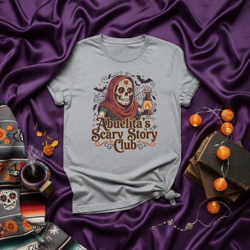 Abuelita's Scary Story Club T-Shirt, Día de Muertos Skeleton Grandma Holding Lantern, Spooky Halloween Graphic Tee, Sugar Skull Design, Unisex Family Horror Shirt Mexicada