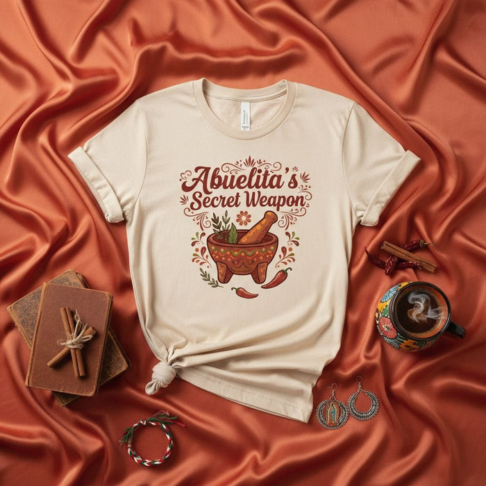 Abuelita's Secret Weapon T-Shirt, Molcajete Graphic Tee, Funny Hispanic Grandma Gift, Mexican Food Lover Shirt, Cooking Heritage, Unisex Clothing Mexicada
