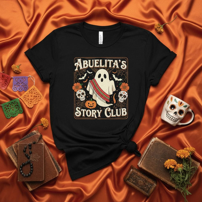 Abuelita's Story Club T-Shirt, Halloween Ghost with Serape Day of the Dead Skulls, Calaveras Pumpkin Spooky Funny Unisex Tee, Dia de Muertos Hispanic Culture Gift Idea Mexicada