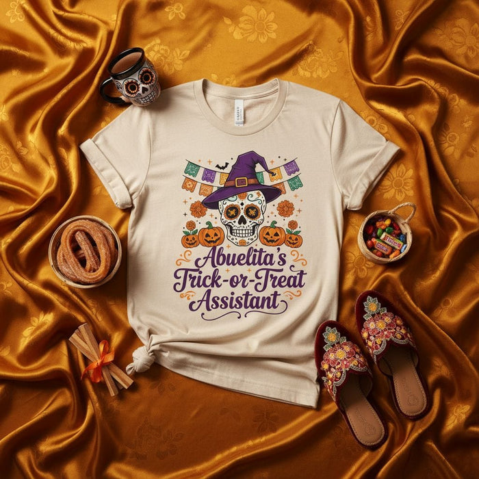 Abuelita's Trick-or-Treat Assistant Sugar Skull Witch Hat Halloween T-Shirt, Dia de los Muertos Grandma Fall Holiday Tee, Cute Pumpkin Trick or Treating Assistant Shirt Gift for Hispanic Grandmother Mexicada