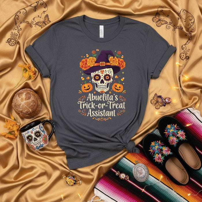 Abuelita's Trick-or-Treat Assistant Sugar Skull Witch Hat T-Shirt, Dia de los Muertos Halloween Grandma Tee, Calavera with Marigolds Fall Shirt Gift for Hispanic Grandmother Mexicada