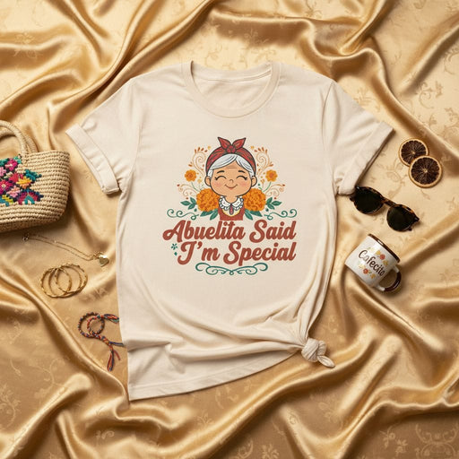 Abuelita Said I'm Special T-Shirt with Cute Grandma and Marigold Flowers Graphic, Hispanic Heritage Gift, Funny Spanish English Text Unisex Tee for Grandkids and Family Mexicada