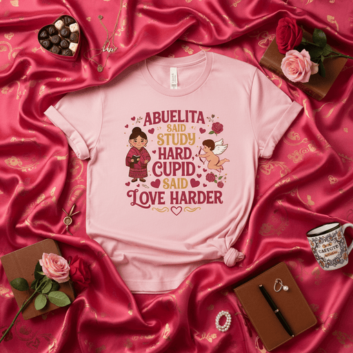 Abuelita Said Study Hard Cupid Said Love Harder Shirt, Funny Valentine's Day Gift Tee, Spanish Abuela Grandparent T-Shirt, Cute Pink Graphic Top for Women and Teens Mexicada