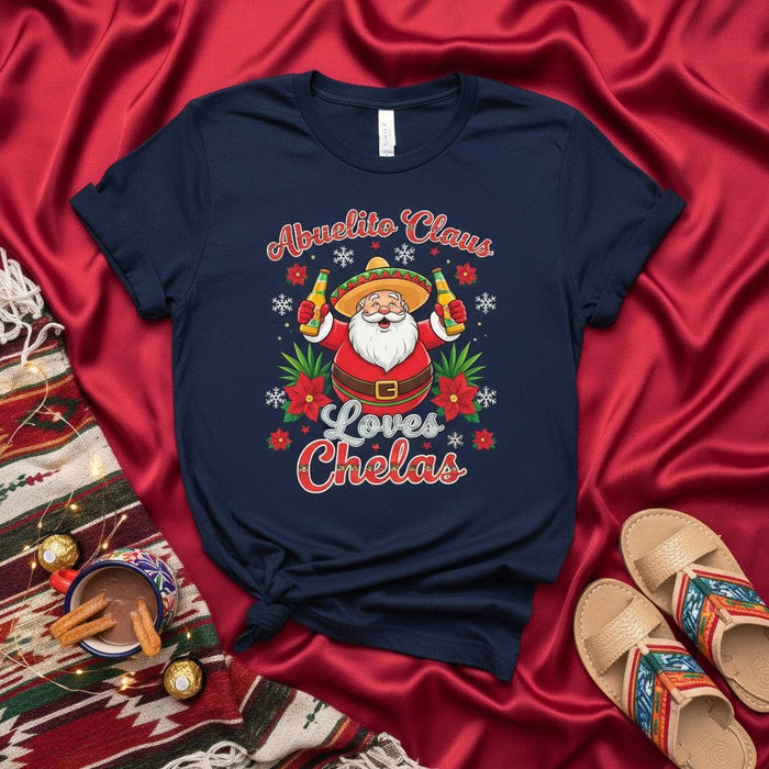 Abuelito Claus Loves Chelas Mexican Santa T-Shirt, Funny Hispanic Christmas Shirt with Sombrero, Poinsettias, and Beer for Grandpa, Abuelo, or Dad, Latino Holiday Party Tee Shirt Gift Idea Mexicada
