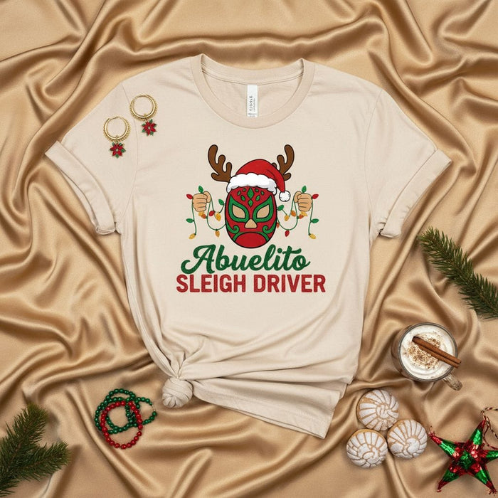 Abuelito Sleigh Driver Christmas Lucha Libre Shirt with Reindeer Antlers and Lights, Funny Grandfather Holiday Tee, Mexican Wrestling Mask Xmas Gift for Grandpa Mexicada