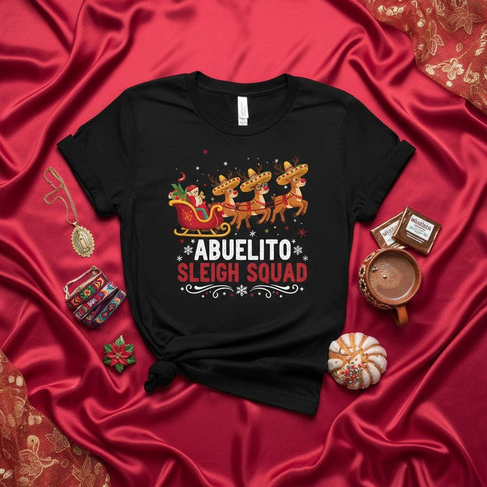 Abuelito Sleigh Squad Mexican Christmas T-Shirt with Reindeer in Sombreros and Santa, Funny Xmas Gift for Grandpa or Grandfather, Unisex Holiday Apparel Mexicada