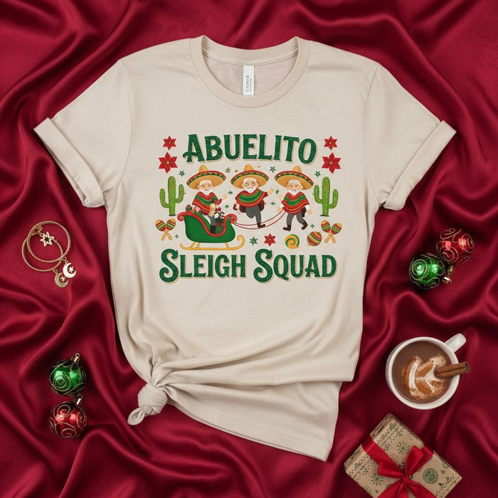 Abuelito Sleigh Squad T-Shirt, Funny Mexican Grandpa Christmas Shirt, Spanish Grandfather Xmas Gift, Festive Abuelo Holiday Tee with Sombrero Santas and Sleigh Graphic Mexicada