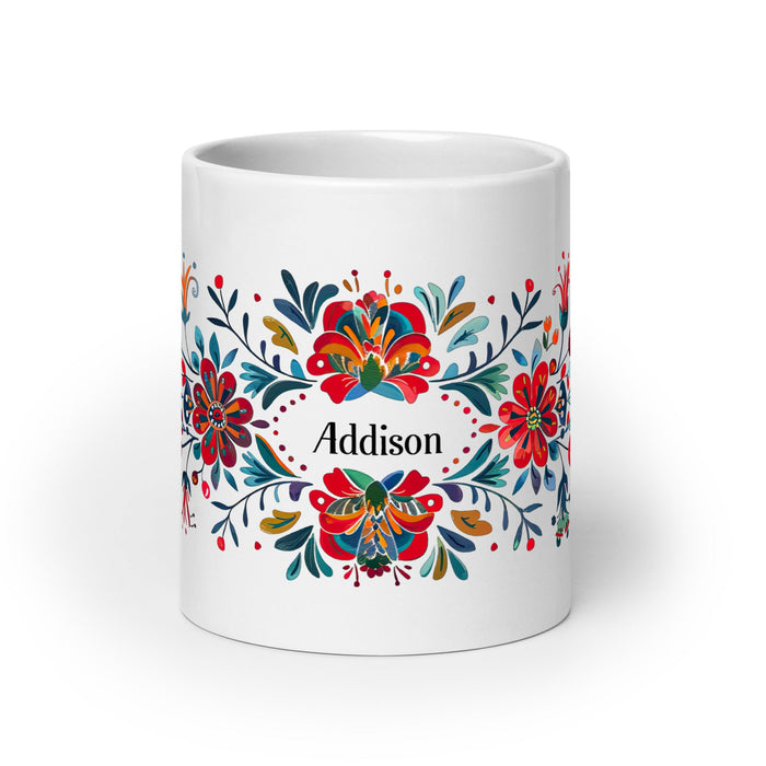 Addison Exclusive Name Art Piece Home Office Work Coffee Mug Mexican Spanish Pride Gift Cup One - Of - A - Kind Calligraphy White Glossy Mug | A10 - Mexicada