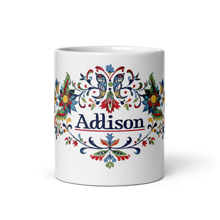 Addison Exclusive Name Art Piece Home Office Work Coffee Mug Mexican Spanish Pride Gift Cup One-Of-A-Kind Calligraphy White Glossy Mug | A11 Mexicada