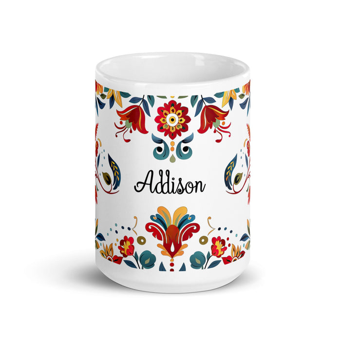 Addison Exclusive Name Art Piece Home Office Work Coffee Mug Mexican Spanish Pride Gift Cup One - Of - A - Kind Calligraphy White Glossy Mug | A12 - Mexicada