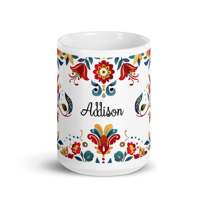 Addison Exclusive Name Art Piece Home Office Work Coffee Mug Mexican Spanish Pride Gift Cup One-Of-A-Kind Calligraphy White Glossy Mug | A12 Mexicada