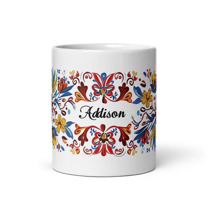 Addison Exclusive Name Art Piece Home Office Work Coffee Mug Mexican Spanish Pride Gift Cup One - Of - A - Kind Calligraphy White Glossy Mug | A14 - Mexicada