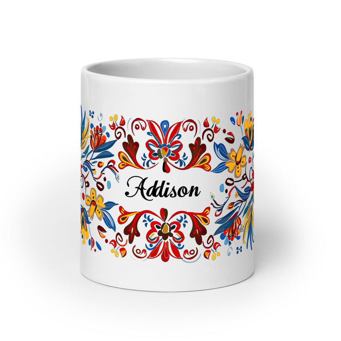 Addison Exclusive Name Art Piece Home Office Work Coffee Mug Mexican Spanish Pride Gift Cup One - Of - A - Kind Calligraphy White Glossy Mug | A14 - Mexicada