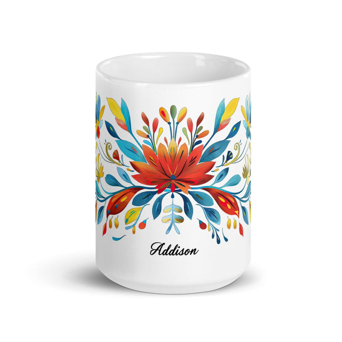 Addison Exclusive Name Art Piece Home Office Work Coffee Mug Mexican Spanish Pride Gift Cup One-Of-A-Kind Calligraphy White Glossy Mug | A15 Mexicada