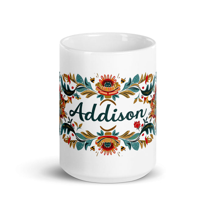 Addison Exclusive Name Art Piece Home Office Work Coffee Mug Mexican Spanish Pride Gift Cup One - Of - A - Kind Calligraphy White Glossy Mug | A16 - Mexicada