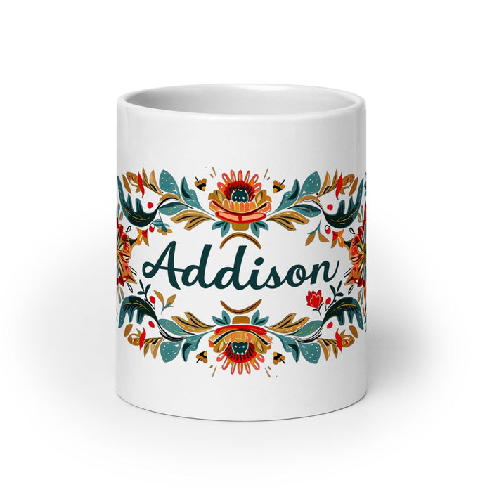 Addison Exclusive Name Art Piece Home Office Work Coffee Mug Mexican Spanish Pride Gift Cup One-Of-A-Kind Calligraphy White Glossy Mug | A16 Mexicada