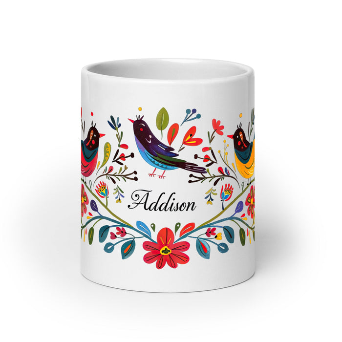 Addison Exclusive Name Art Piece Home Office Work Coffee Mug Mexican Spanish Pride Gift Cup One - Of - A - Kind Calligraphy White Glossy Mug | A19 - Mexicada