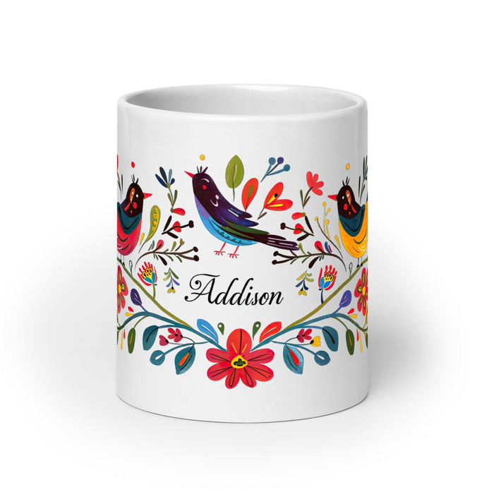 Addison Exclusive Name Art Piece Home Office Work Coffee Mug Mexican Spanish Pride Gift Cup One-Of-A-Kind Calligraphy White Glossy Mug | A19 Mexicada