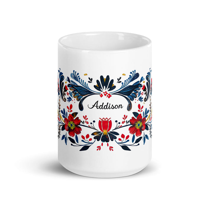 Addison Exclusive Name Art Piece Home Office Work Coffee Mug Mexican Spanish Pride Gift Cup One - Of - A - Kind Calligraphy White Glossy Mug | A2 - Mexicada