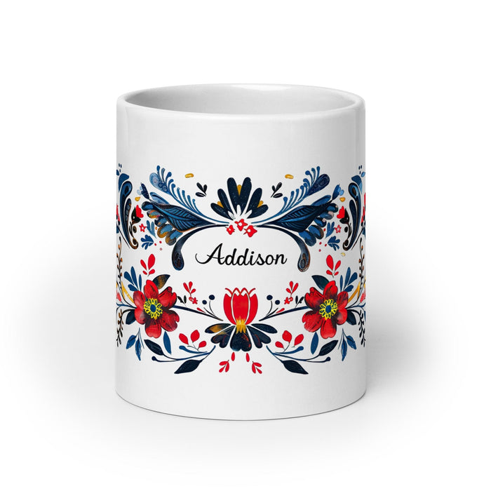 Addison Exclusive Name Art Piece Home Office Work Coffee Mug Mexican Spanish Pride Gift Cup One-Of-A-Kind Calligraphy White Glossy Mug | A2 Mexicada