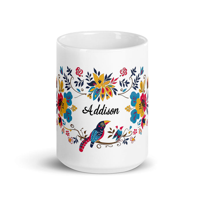 Addison Exclusive Name Art Piece Home Office Work Coffee Mug Mexican Spanish Pride Gift Cup One - Of - A - Kind Calligraphy White Glossy Mug | A20 - Mexicada