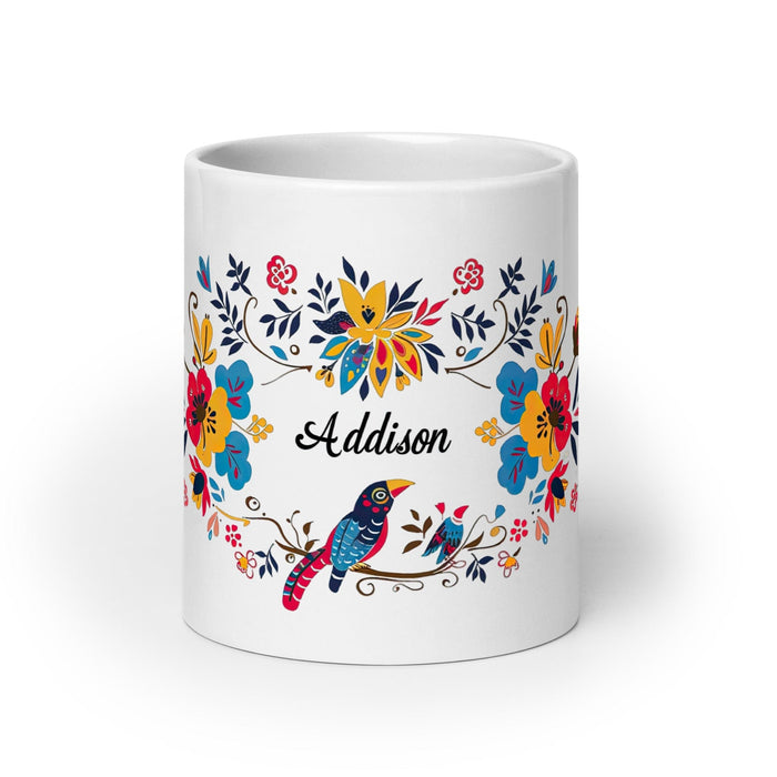 Addison Exclusive Name Art Piece Home Office Work Coffee Mug Mexican Spanish Pride Gift Cup One-Of-A-Kind Calligraphy White Glossy Mug | A20 Mexicada