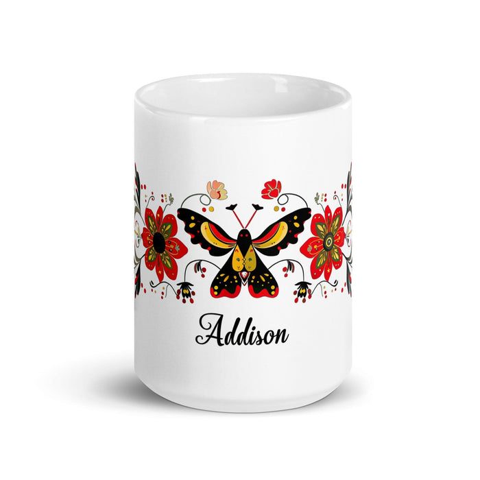 Addison Exclusive Name Art Piece Home Office Work Coffee Mug Mexican Spanish Pride Gift Cup One-Of-A-Kind Calligraphy White Glossy Mug | A24 Mexicada