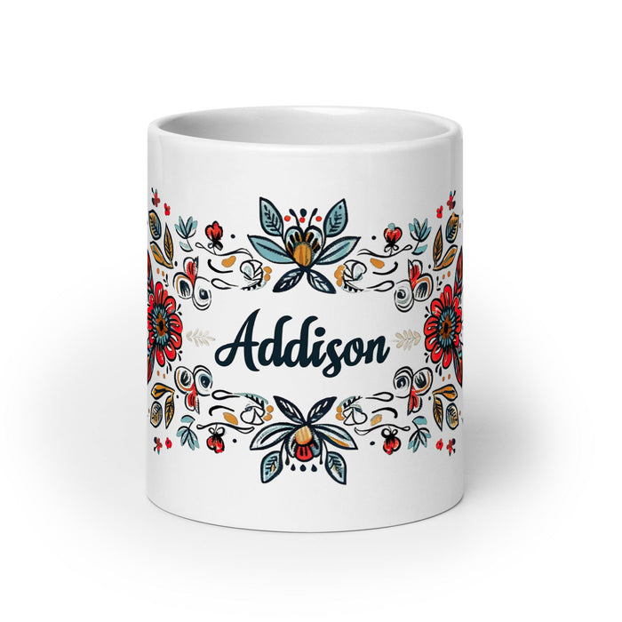 Addison Exclusive Name Art Piece Home Office Work Coffee Mug Mexican Spanish Pride Gift Cup One - Of - A - Kind Calligraphy White Glossy Mug | A6 - Mexicada