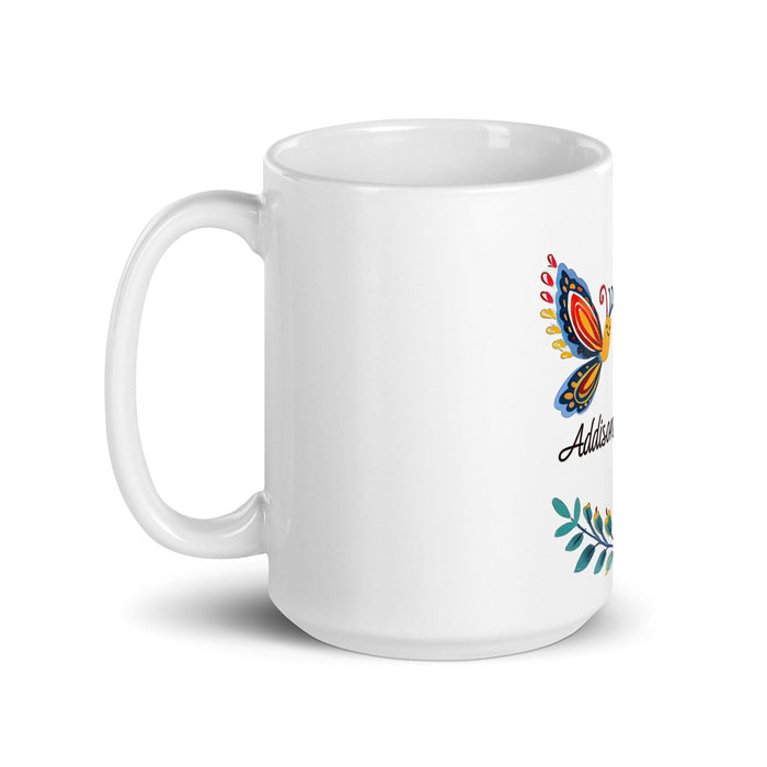 Addison Exclusive Name Art Piece Home Office Work Coffee Mug Mexican Spanish Pride Gift Cup One-Of-A-Kind Calligraphy White Glossy Mug | A9 Mexicada