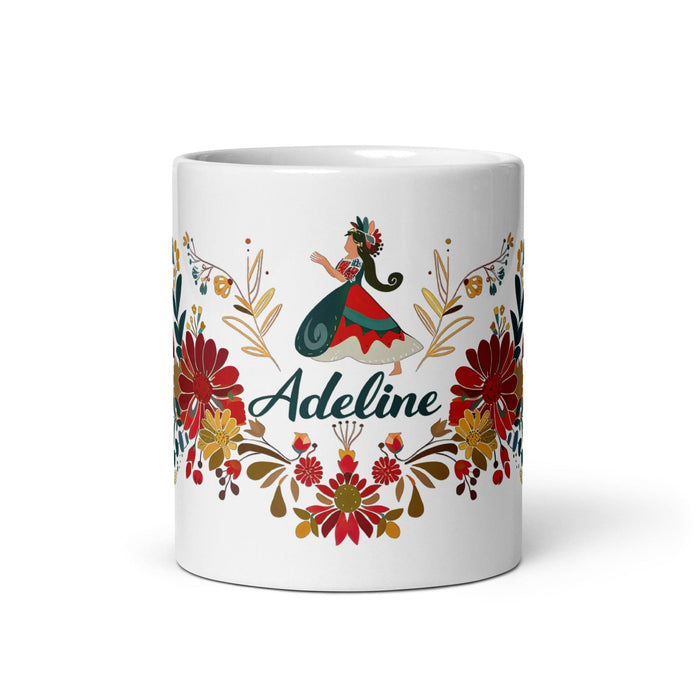 Adeline Exclusive Name Art Piece Home Office Work Coffee Mug Mexican Spanish Pride Gift Cup One-Of-A-Kind Calligraphy White Glossy Mug | A10 Mexicada