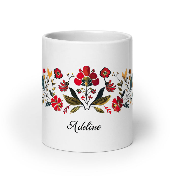 Adeline Exclusive Name Art Piece Home Office Work Coffee Mug Mexican Spanish Pride Gift Cup One-Of-A-Kind Calligraphy White Glossy Mug | A4 Mexicada