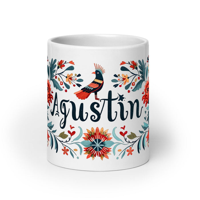 Agustín Exclusive Name Art Piece Home Office Work Coffee Mug Mexican Spanish Pride Gift Cup One-Of-A-Kind Calligraphy White Glossy Mug | A10 Mexicada