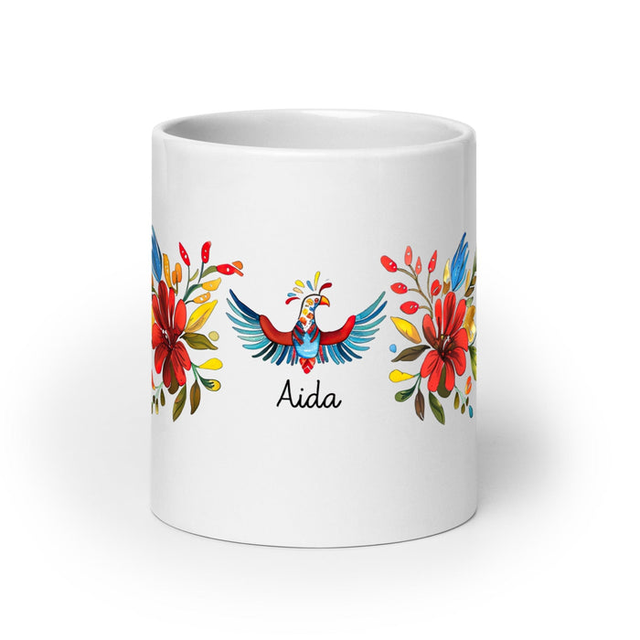 Aída Exclusive Name Art Piece Home Office Work Coffee Mug Mexican Spanish Pride Gift Cup One-Of-A-Kind Calligraphy White Glossy Mug | A12 Mexicada