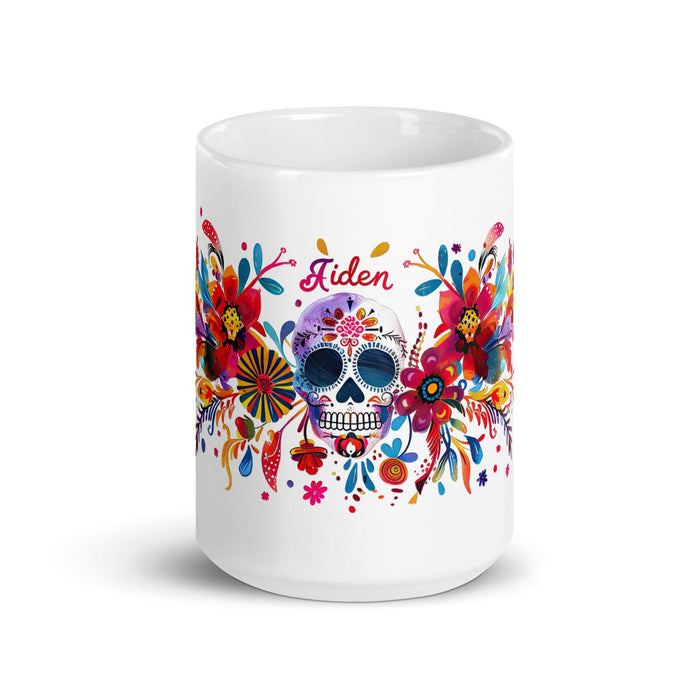 Aiden Exclusive Name Art Piece Home Office Work Coffee Mug Mexican Spanish Pride Gift Cup One - Of - A - Kind Calligraphy White Glossy Mug | A10 - Mexicada