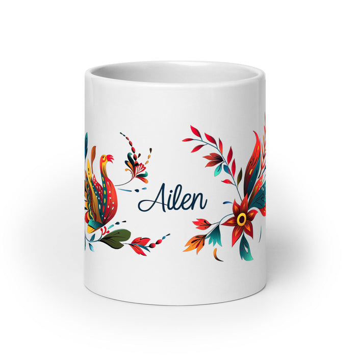 Ailén Exclusive Name Art Piece Home Office Work Coffee Mug Mexican Spanish Pride Gift Cup One - Of - A - Kind Calligraphy White Glossy Mug | A14 - Mexicada