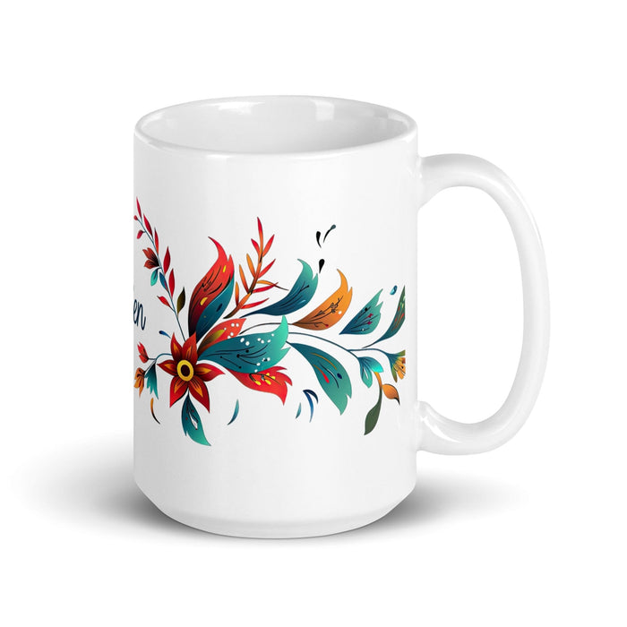 Ailén Exclusive Name Art Piece Home Office Work Coffee Mug Mexican Spanish Pride Gift Cup One-Of-A-Kind Calligraphy White Glossy Mug | A14 Mexicada 15 oz